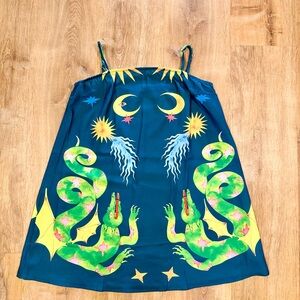 Celestial Dragon Print Linen Blend Slip Dress – Teal Multi (Size XL)